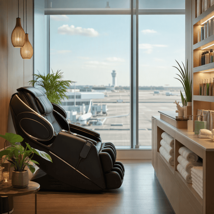 A ten-minute chair massage between flights is now a routine airport purchase, not a novelty.