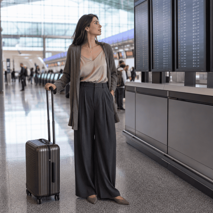 Wide-leg trousers and a silk camisole keep a work-trip outfit dressy without any restriction.