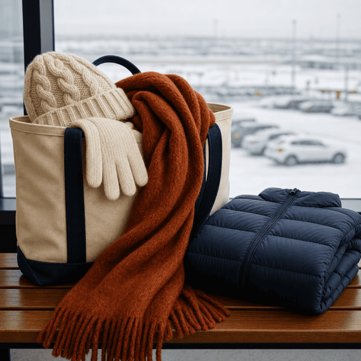 A hat, gloves and scarf in a tote help a guest from a warm place face the first blast of cold air.
