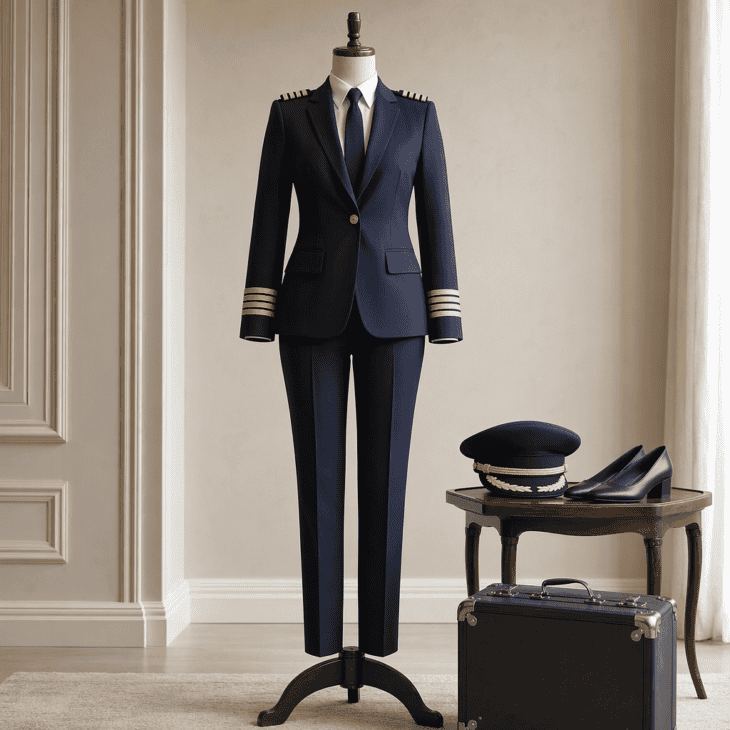 A fitted navy suit with four gold cuff stripes reads as captain, not cabin crew.