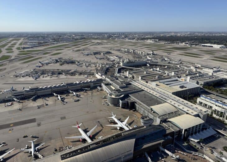 Aerial view of Miami International Airport terminals, concourses and ramp