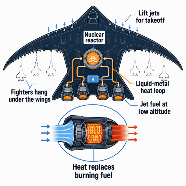 The CL-1201's reactor heated air inside four turbofans through a sealed metal loop, while rows of lift jets handled takeoff.