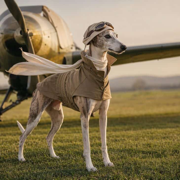 A whippet in a khaki flying jacket, a white silk scarf, and a cream cap with goggles on a grass airfield.