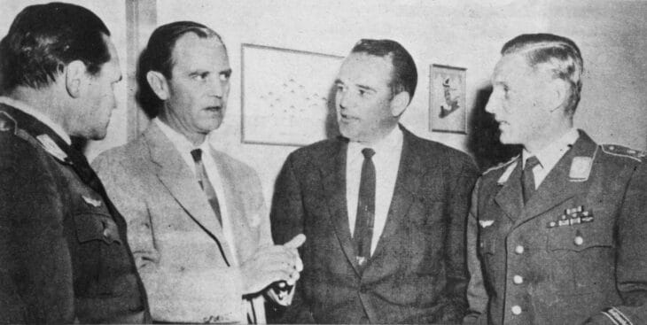 American flying aces Hub Zemke and Bud Mahurin meeting German flying aces Erich Hartmann and Walther Krupinski in 1963