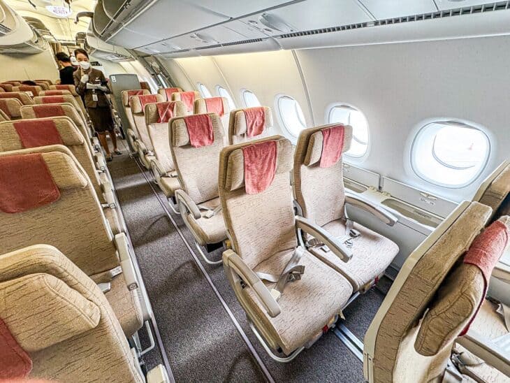 Asiana Airbus A380 view of the upper deck economy class cabin