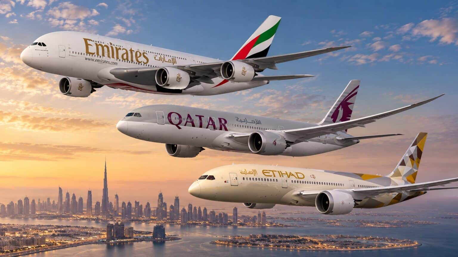 Emirates, Qatar Airways and Etihad Airways aircraft flying over a Gulf city skyline at sunset