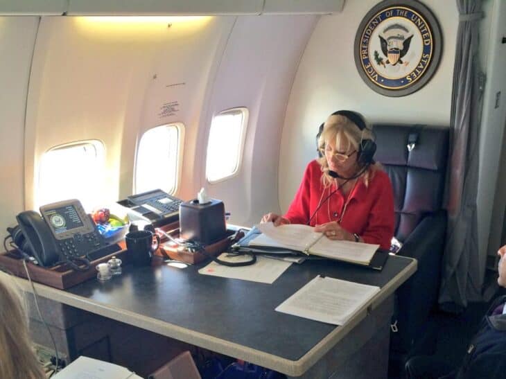 Jill Biden on a conference call on Air Force Two