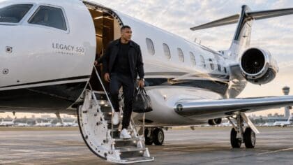Kylian Mbappé Exiting an Embraer Legacy 550 Private Jet