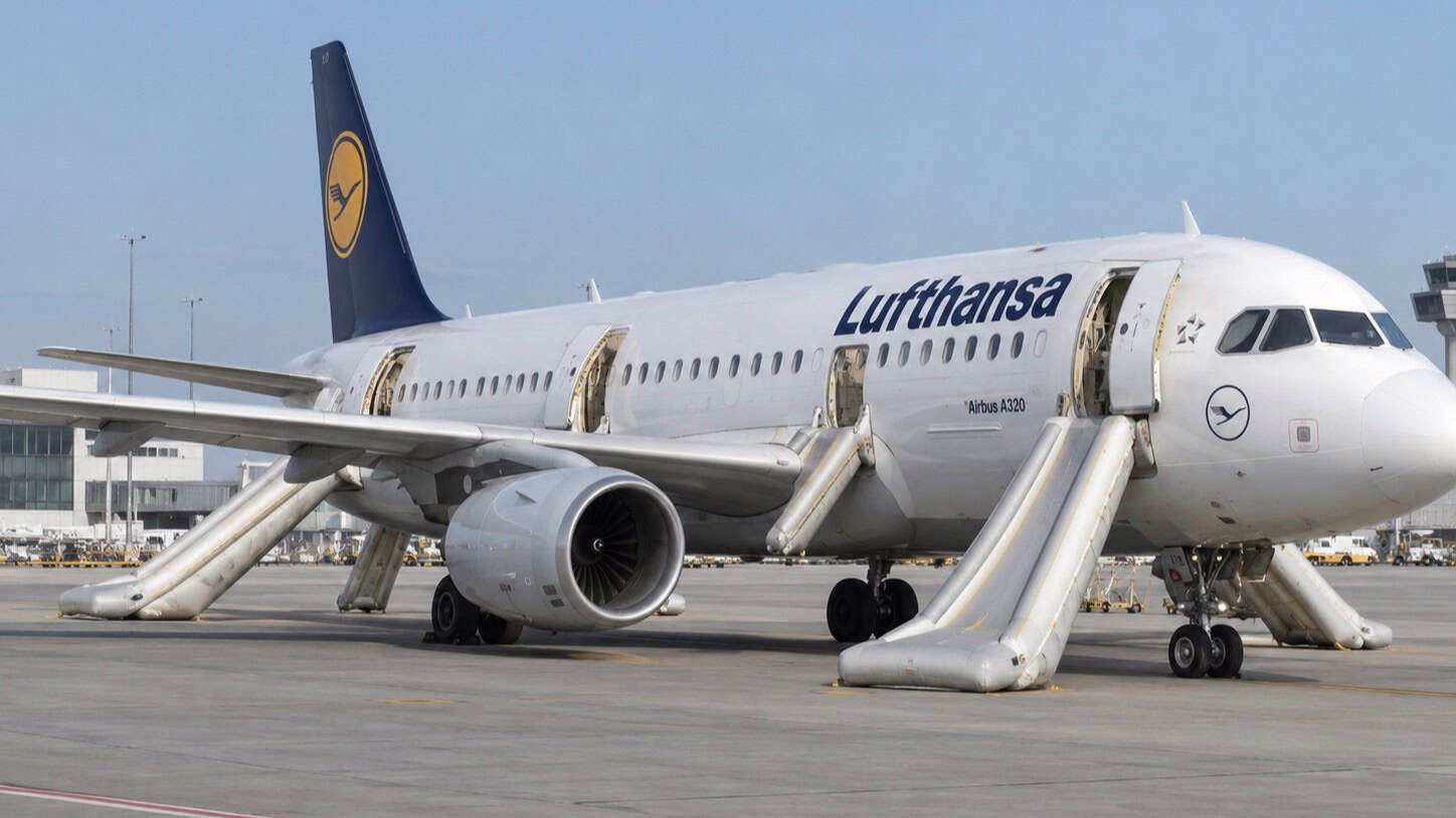 Rendering of Lufthansa A320 with evacuation slides deployed