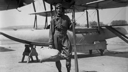 U.S. Navy Lt. Com. Richard E. Byrd in front of a Vought VE-7 Bluebird seaplane-16x9
