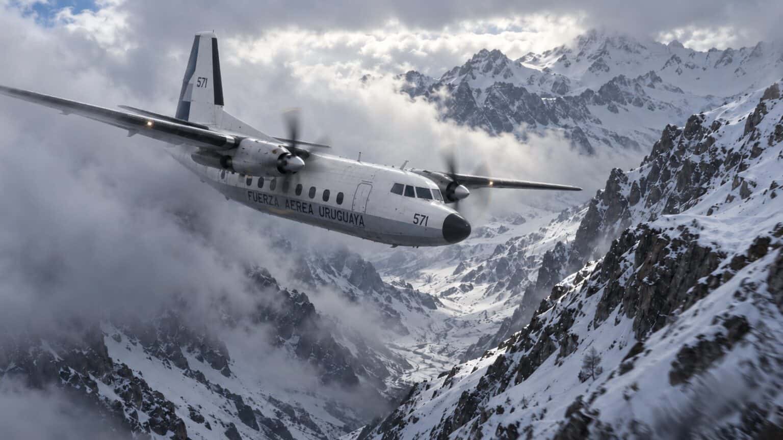 AI reconstruction of Uruguayan Air Force Flight 571, a Fairchild FH-227D turboprop, flying dangerously close to snow-covered mountains in the Andes before its 1972 crash.