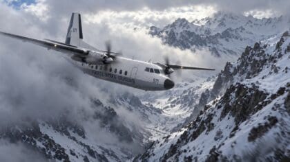 AI reconstruction of Uruguayan Air Force Flight 571, a Fairchild FH-227D turboprop, flying dangerously close to snow-covered mountains in the Andes before its 1972 crash.