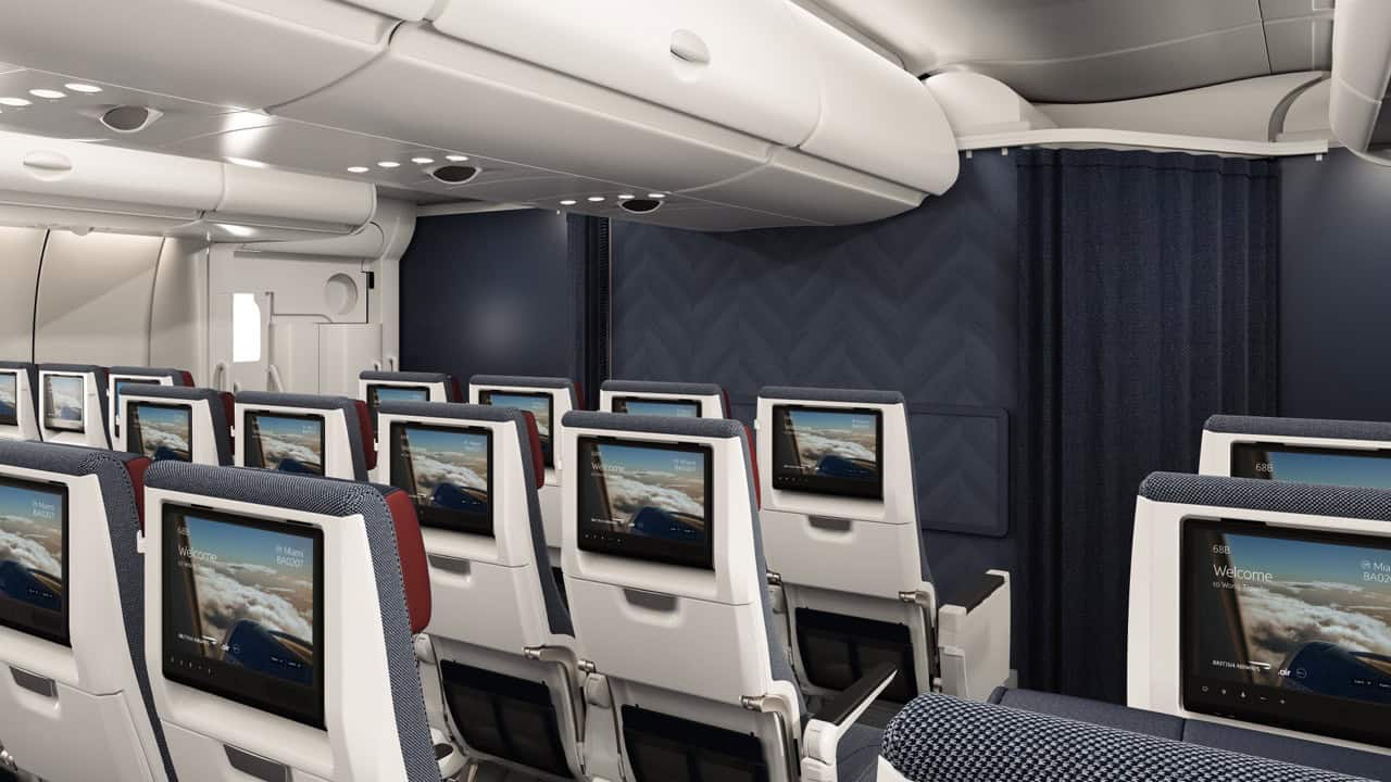 World Traveller (economy) seats on British AIrways A380 rear view