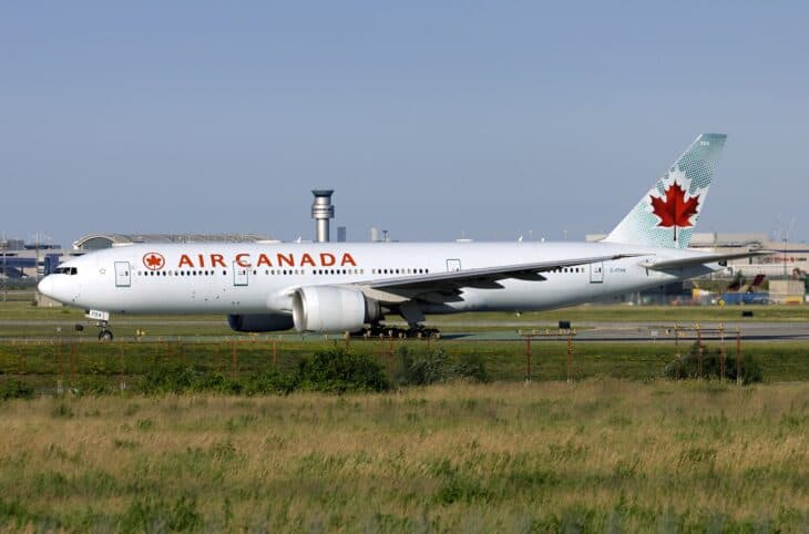 Air Canada Boeing 777-200LR C-FIVK in red maple leaf livery on the ground at Toronto Pearson