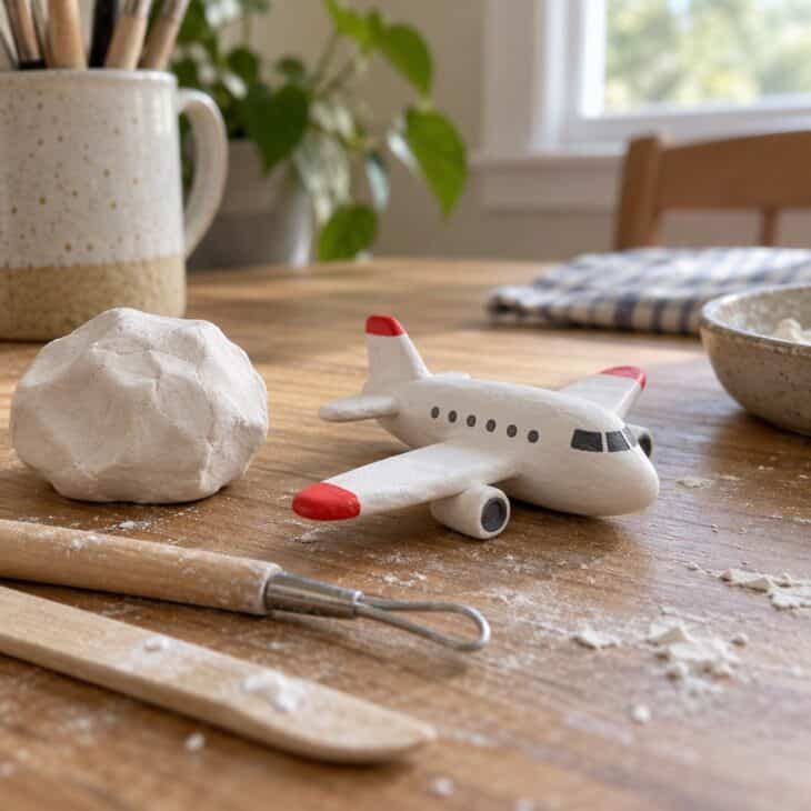 A tiny air-dry clay airplane painted white with red wing tips next to a lump of clay and tools