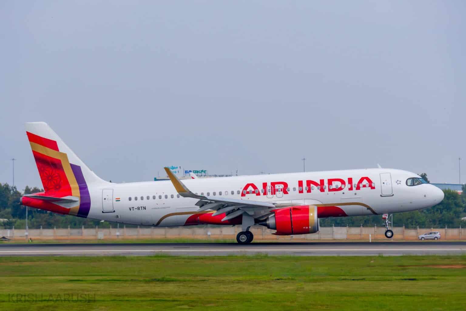 Air India Airbus A320neo VT-RTN in the airline's new livery on the ground at Bengaluru