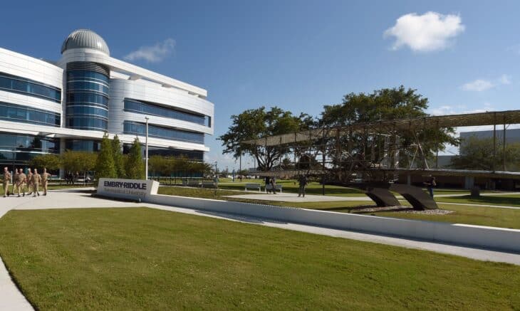 Embry-Riddle Aeronautical University Daytona Beach campus with the Wright Flyer replica on the lawn