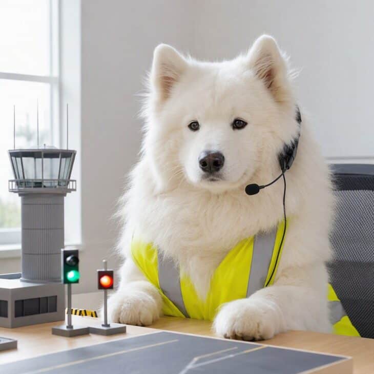 A white Samoyed at a small desk wearing a lightweight headset and a high-visibility vest beside a toy tower model.