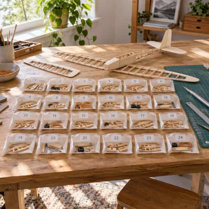 Twenty four small bags, each with the next piece of a model to build.