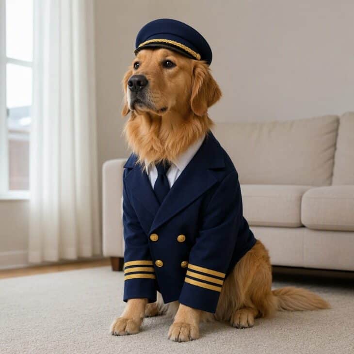 A golden retriever sitting in a navy captain jacket with four gold stripes and a small peaked cap.