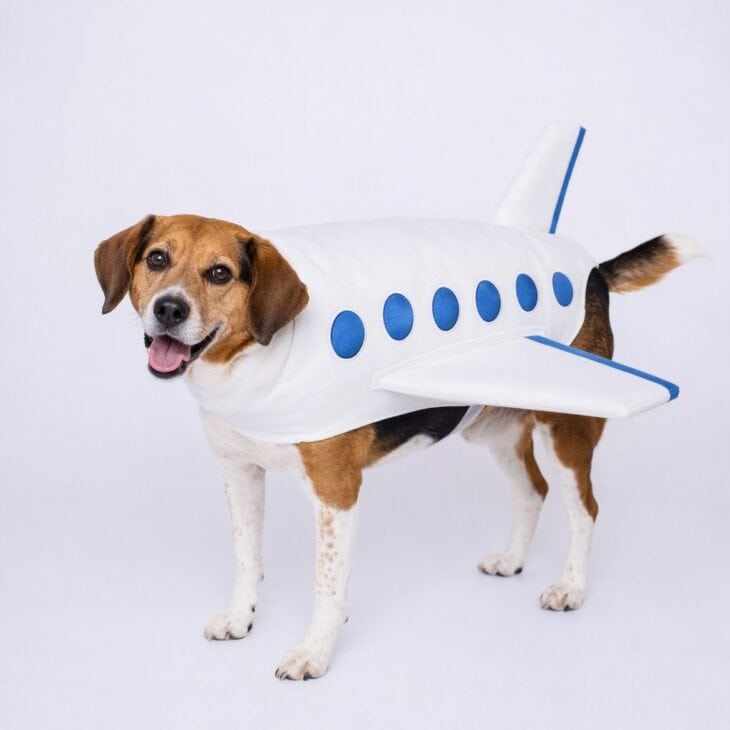 A beagle mix in a white tube fuselage costume with a row of round blue windows, wings, and a tail fin.