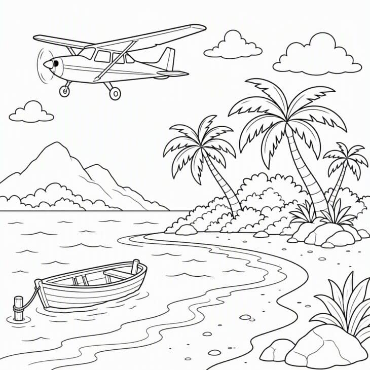 Palm trees, a lagoon and waves below a small plane.