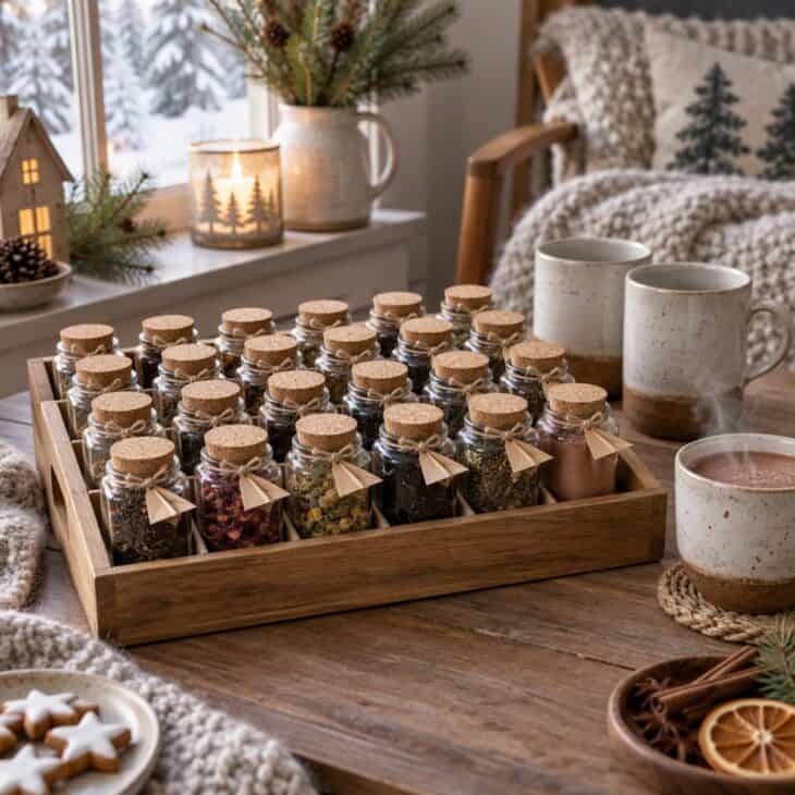 Small jars of tea and cocoa, each with a paper plane tag.