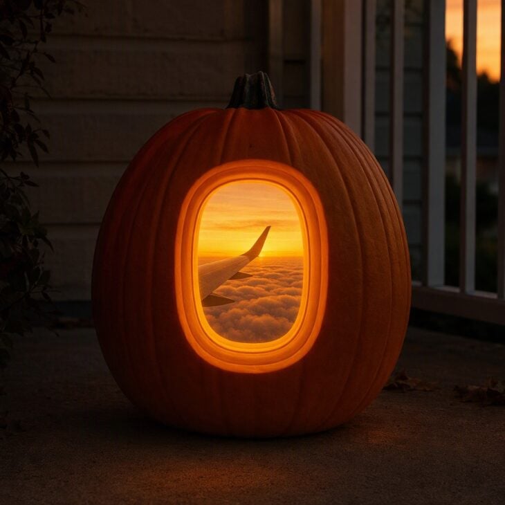 A pumpkin carved with a glowing oval airplane window showing a cloud line and a wing tip.