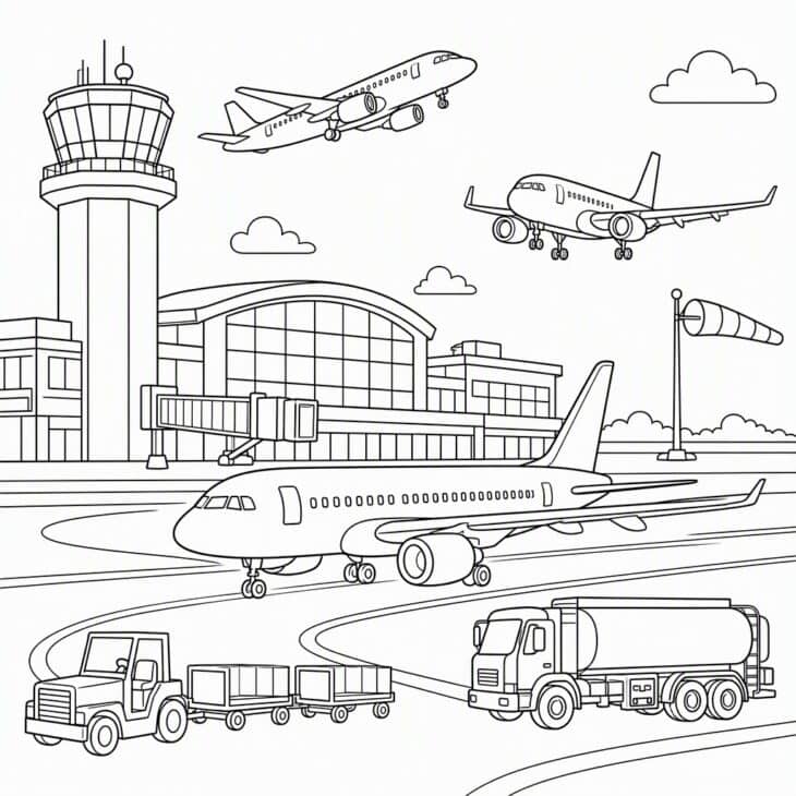 Three planes, one tower and a lot of vehicles in a single scene.