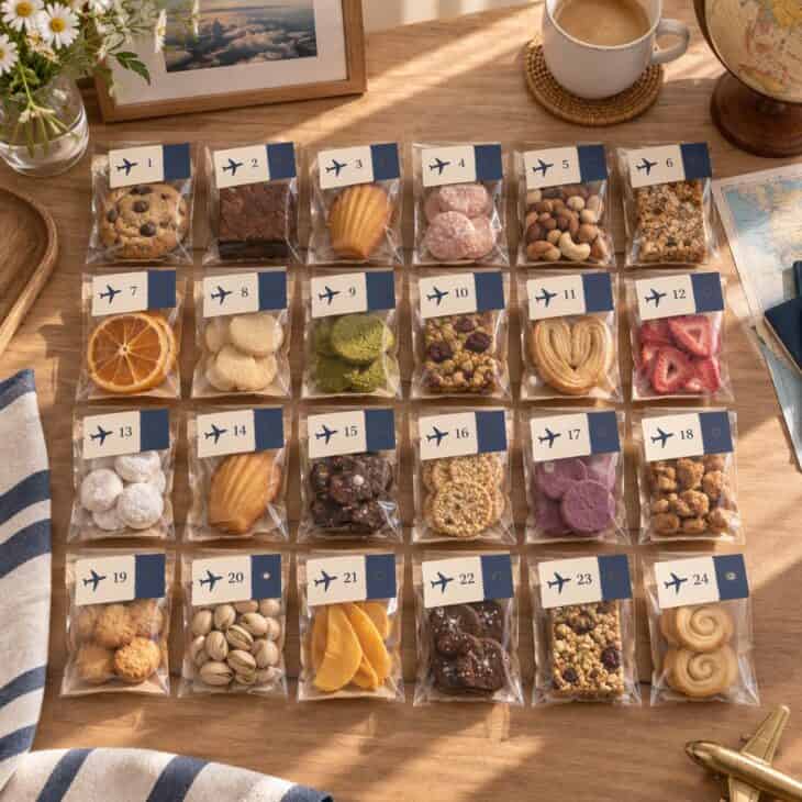 Snack-sized treats, each with a plain boarding-pass-style tag.