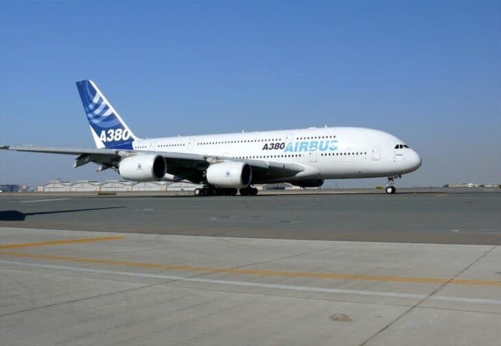 Airbus A380 in Airbus house colors on the ground at Dubai in November 2007