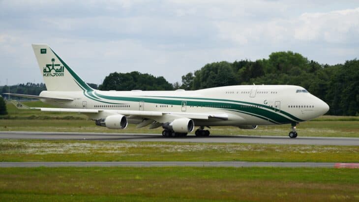 Boeing 747-400 HZ-WBT7 in Kingdom Holding's green and white livery on the ground at Hamburg Airport