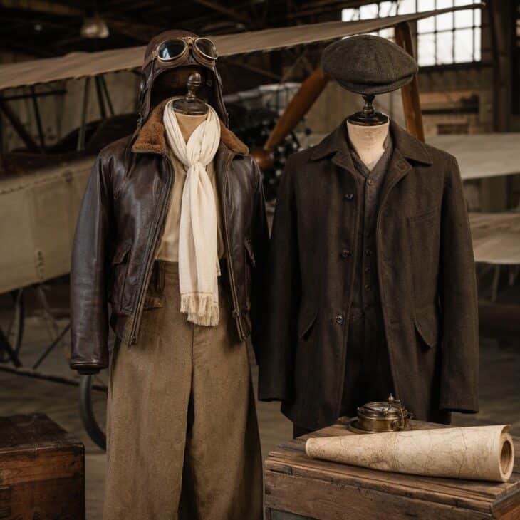 A 1930s leather aviator look beside a navigator with a flat cap, chart and brass compass.