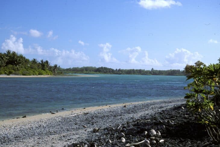 Rocky shoreline and palm-lined lagoon entrance at Nikumaroro atoll under a blue sky