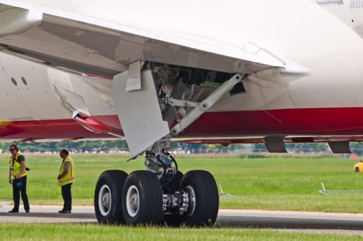 Main landing gear bogie of a Boeing 787 with six wheels under the wing