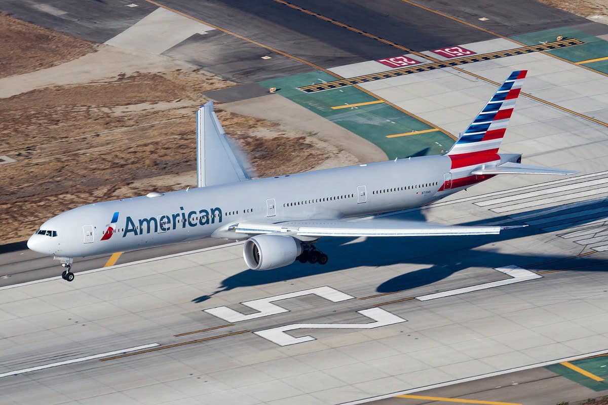 American Airlines Boeing 777-300ER N719AN seen from above as it lands at Los Angeles International Airport