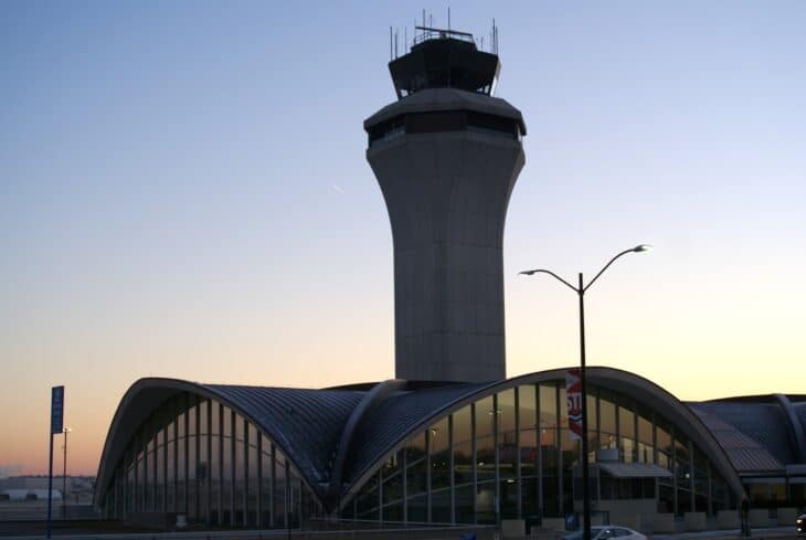 St. Louis Lambert International Airport Terminal 1 and control tower at dusk