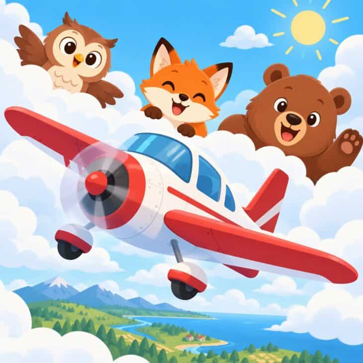 Cartoon animals gather around a small plane.