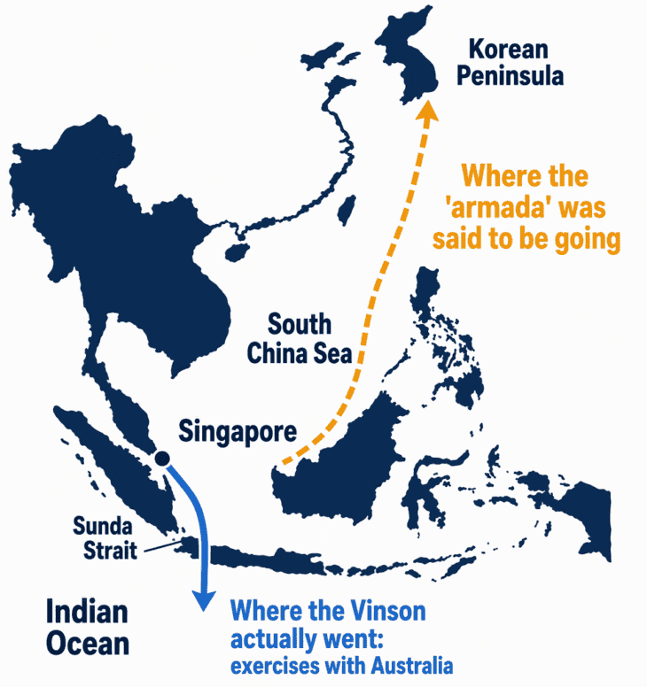 In mid-April 2017 the carrier was heading south through Indonesia while officials described it heading north to Korea.