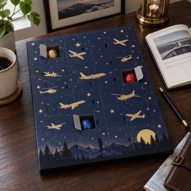 A navy cardboard calendar with silhouette planes and a chocolate behind each window.
