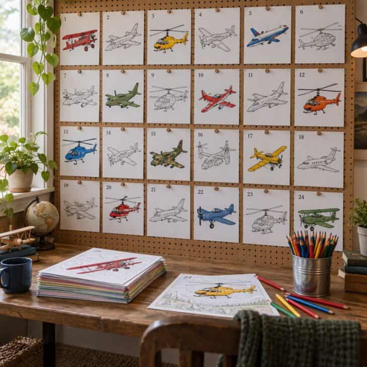A pegboard of finished plane drawings builds up through December.
