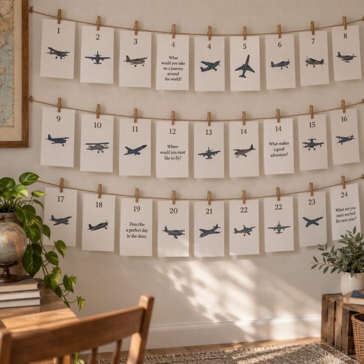A clipped line of cards with one aviation question a day.