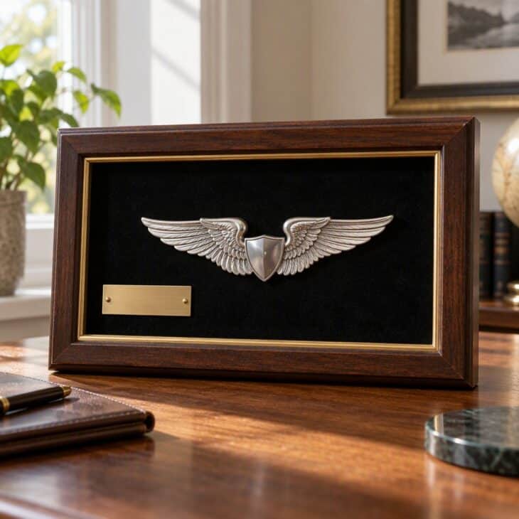 A wings-centered frame suits a pilot, navigator, or flight crew member.