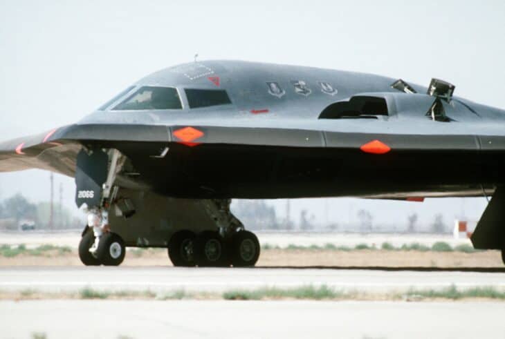 Left-side view of the nose of the first B-2 Spirit, Air Vehicle 1, on the flight line as it prepared for its first flight in 1989