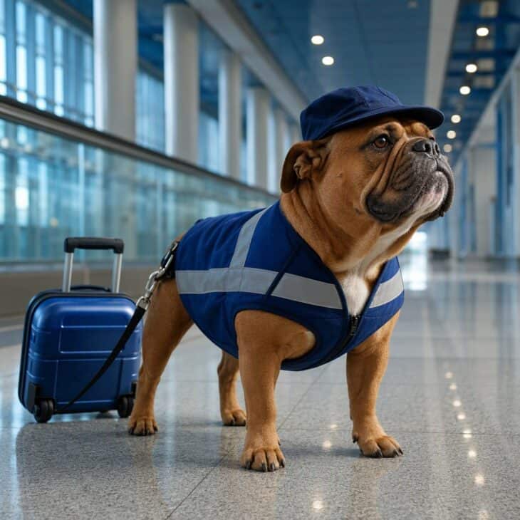 A bulldog in a blue work vest with silver reflective stripes beside a miniature rolling suitcase.