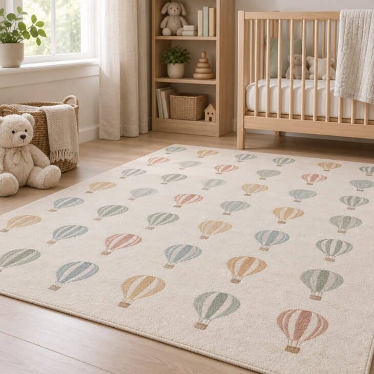 A washable rug defines the play area.