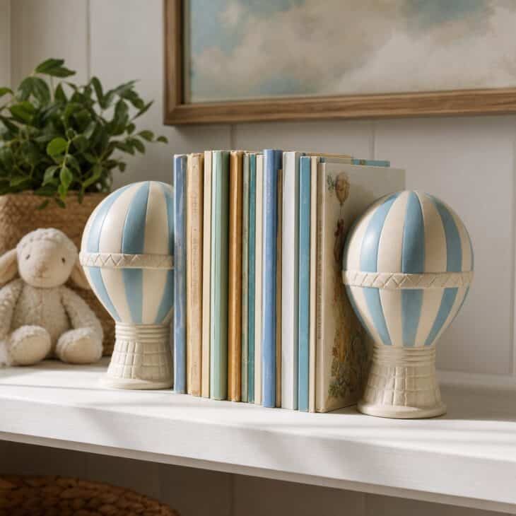 Balloon bookends keep a row of picture books upright and on theme.