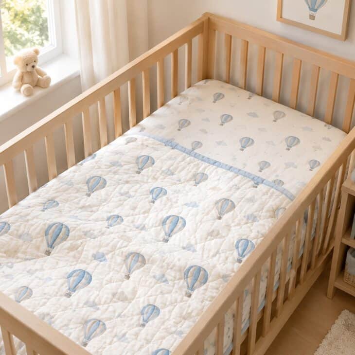 A small balloon print stays quiet on a crib sheet.