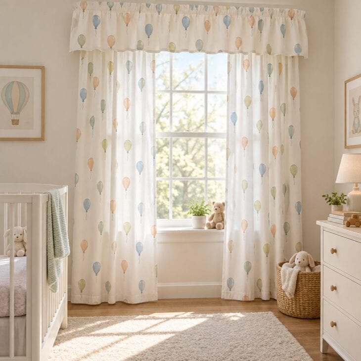 A blackout lining helps naps, and a quiet print stays calm.