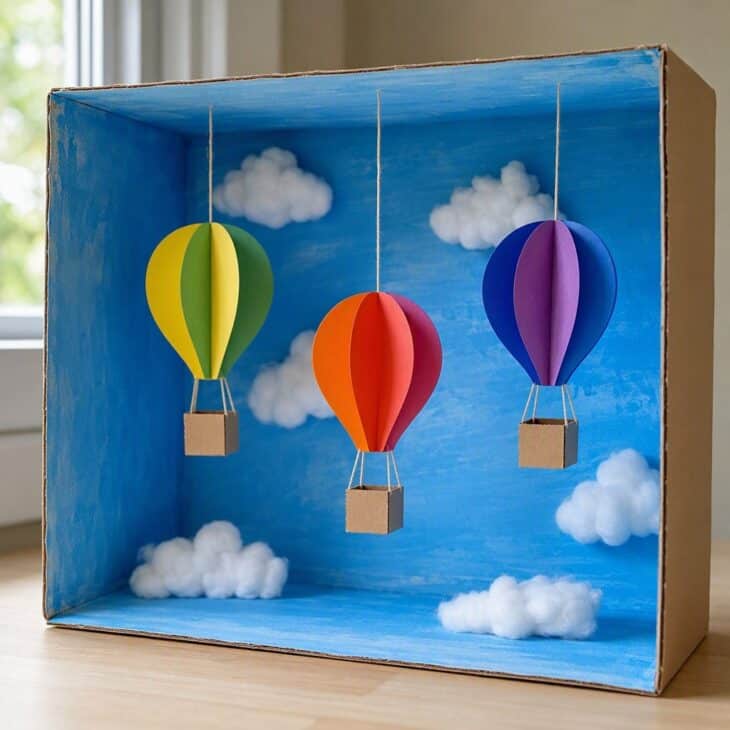 A shoebox frames the sky and keeps the balloons from getting crushed.